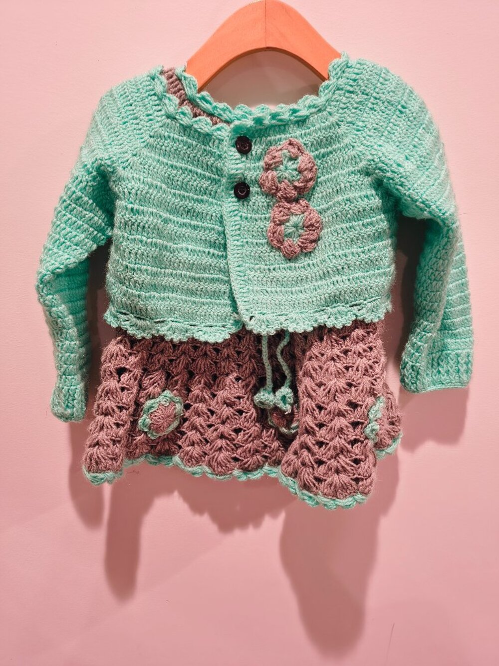 Hand Crochet Baby Dress and Cardigan Set in Mint and Taupe
